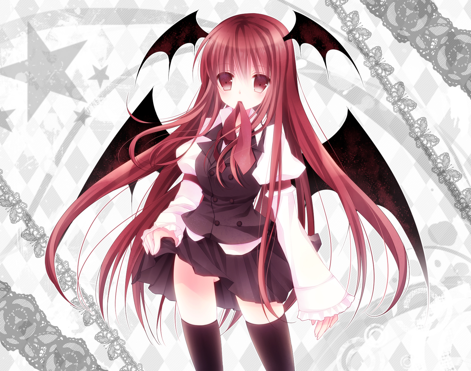 demon, koakuma, long_hair, mikazuki_sara, red_eyes, red_hair, skirt, skirt_lift, thighhighs, tie, touhou, wings