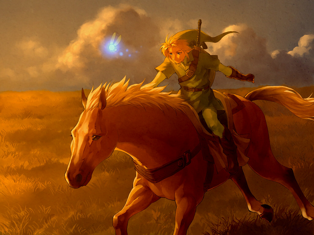 all_male, animal, blonde_hair, blue_eyes, boots, clouds, epona, gloves
