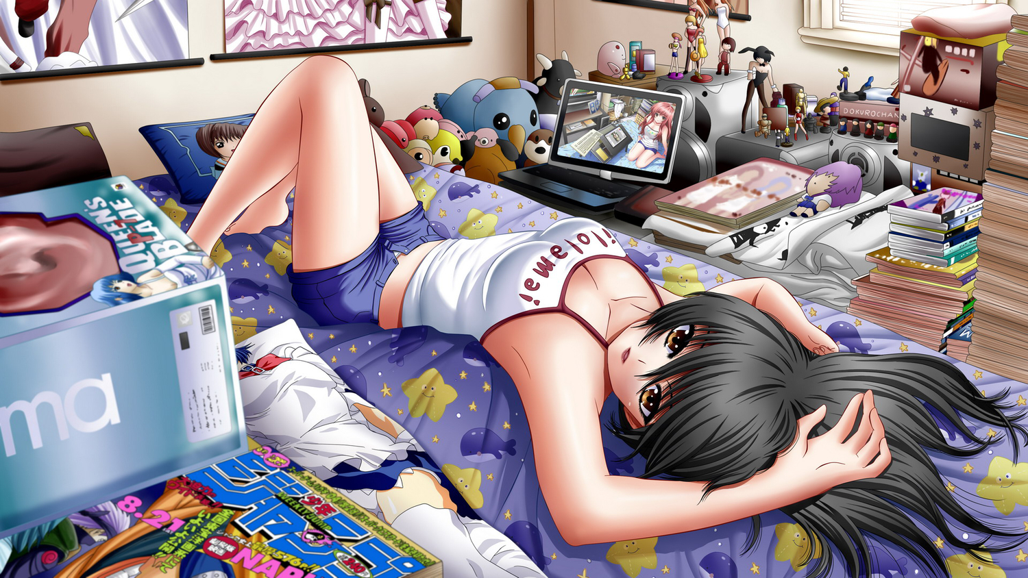 barefoot, bed, black_hair, book, brown_eyes, computer, doll, hatake_kakashi, ilolamai, long_hair, male, naruto, original, queen's_blade, shorts, signed, tagme, translation_request
