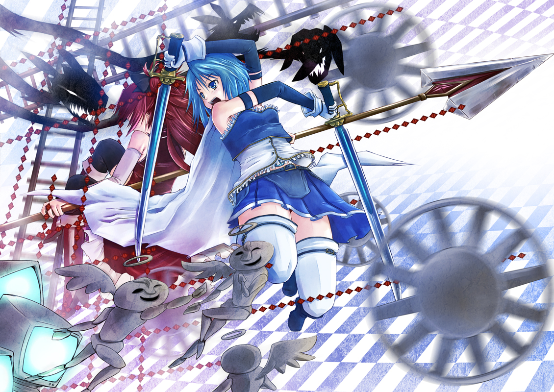 kanata_ryou, mahou_shoujo_madoka_magica, miki_sayaka, sakura_kyouko, spear, sword, weapon