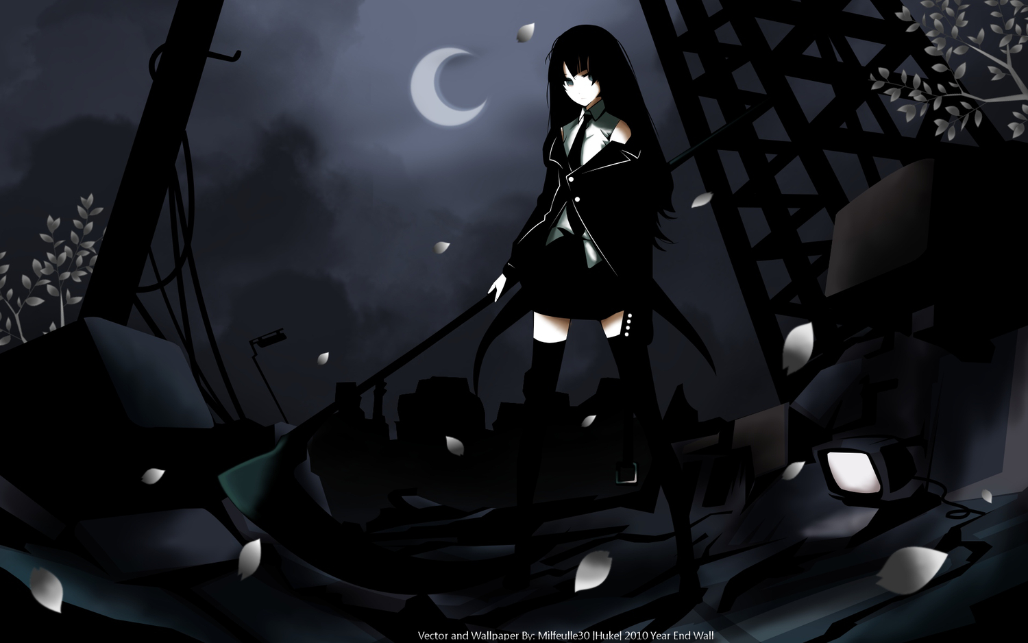 black_hair, black_rock_shooter, death_scythe, huke, long_hair, moon, scythe, skirt, thighhighs, vector, watermark, weapon