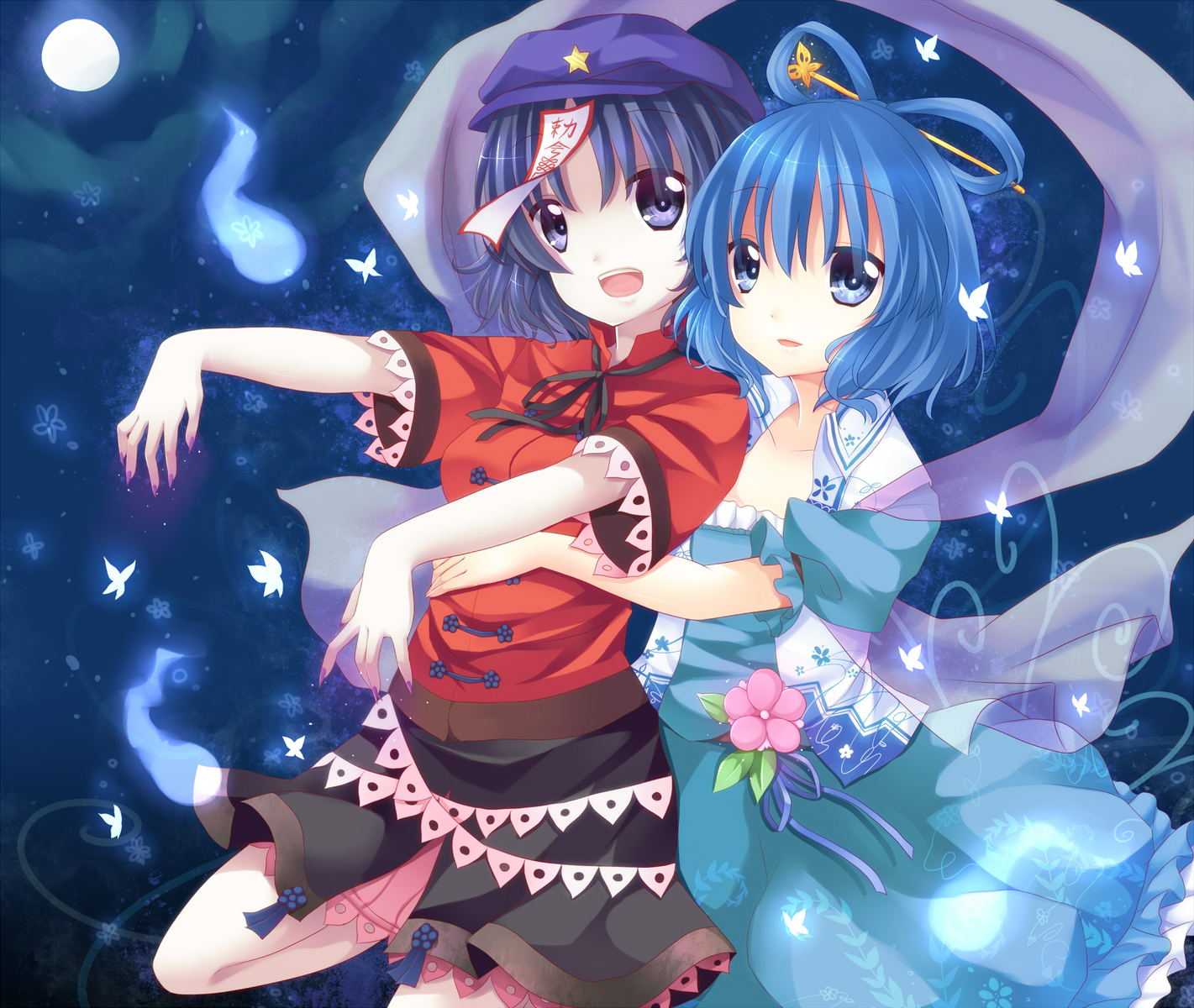 2girls, blue_eyes, blue_hair, ikeda_hazuki, kaku_seiga, miyako_yoshika, touhou