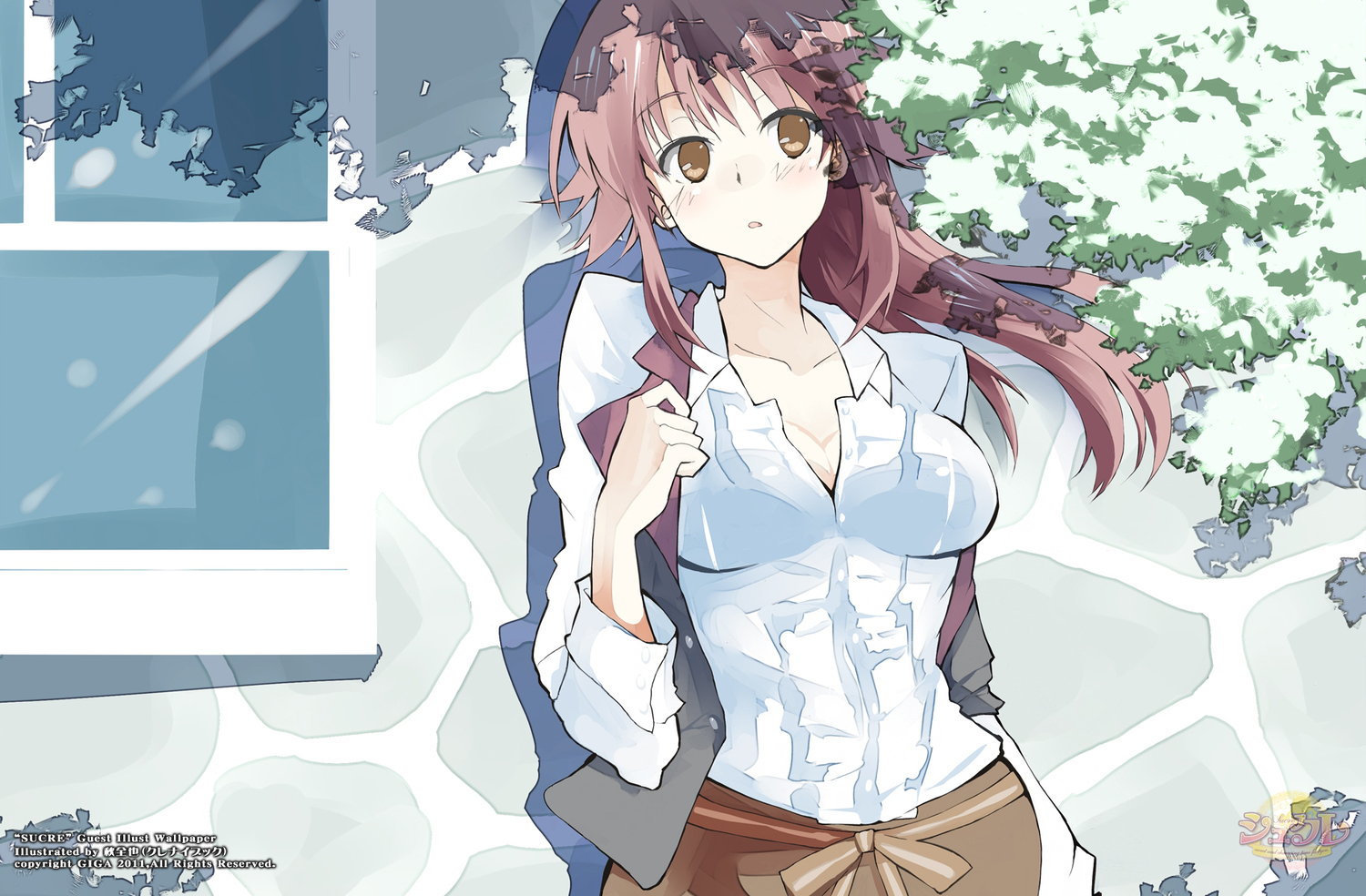 aki_masanari, breasts, brown_hair, cleavage, giga, isuzu_sayoko, sucre, watermark, yellow_eyes