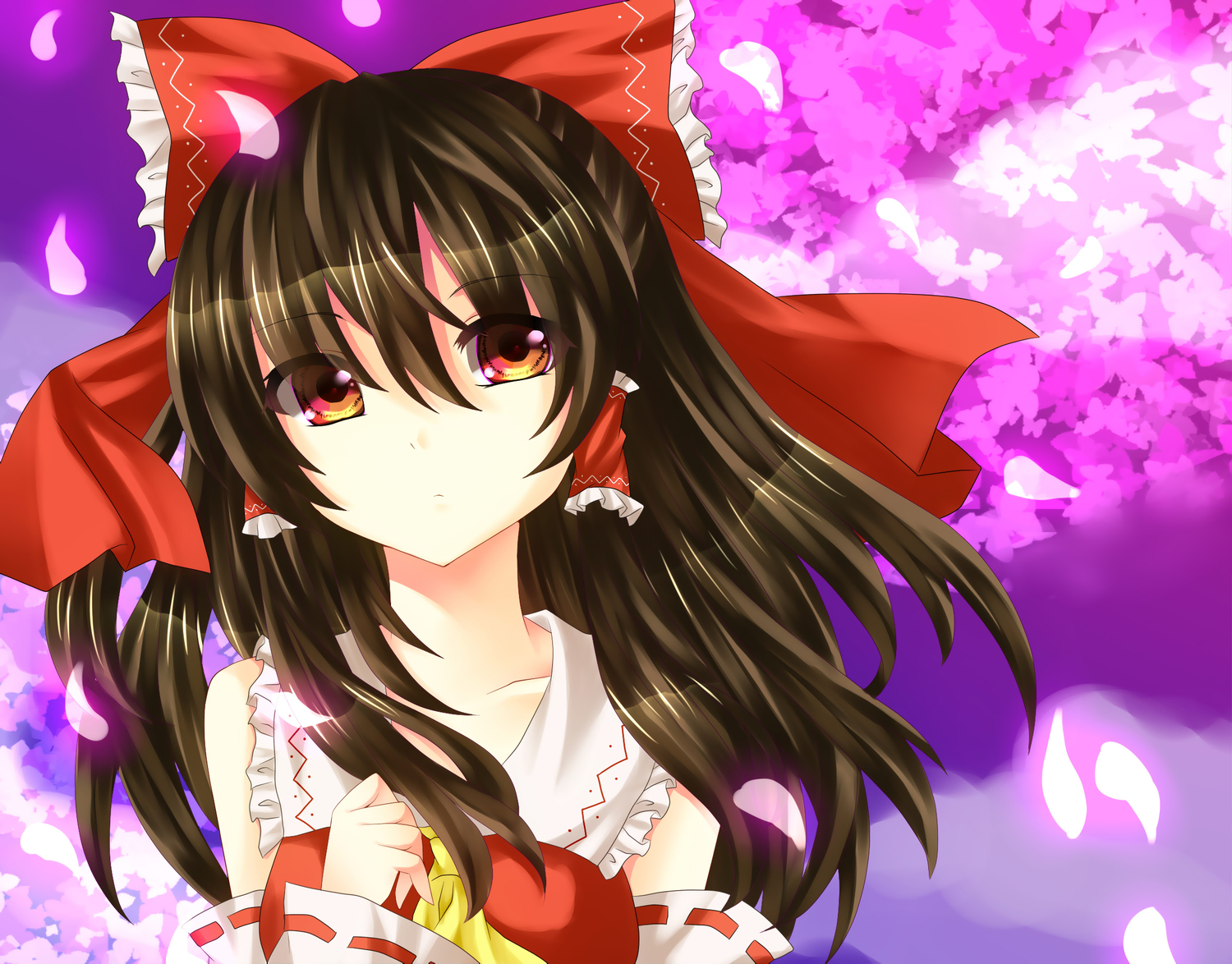 brown_hair, cherry_blossoms, flowers, hakurei_reimu, ikeda_hazuki, japanese_clothes, miko, orange_eyes