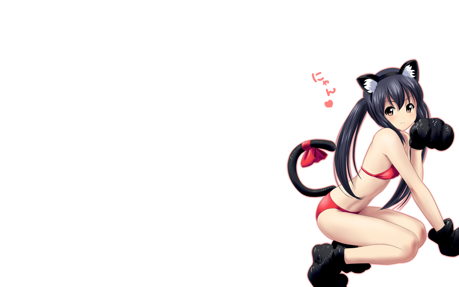 animal_ears, bikini, black_hair, blush, brown_eyes, catgirl, k-on!, nakano_azusa, ponnetsu, swimsuit, tail, twintails, white