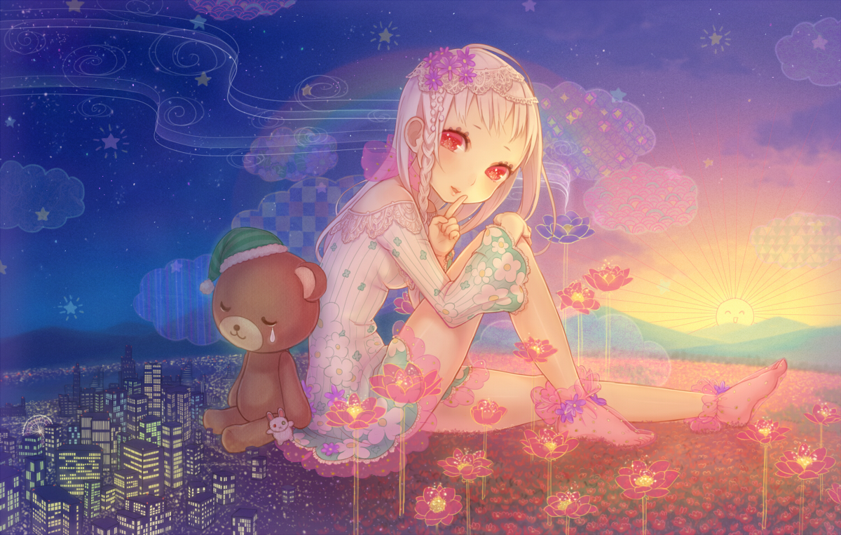 braids, city, clouds, dress, flowers, inase, original, rainbow, red_eyes, stars, sunset, tears, teddy_bear