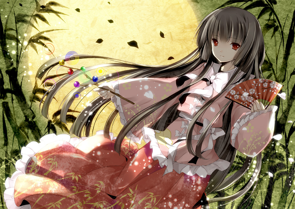 black_hair, bow, fan, houraisan_kaguya, long_hair, moon, red_eyes, skirt, touhou, yukim27