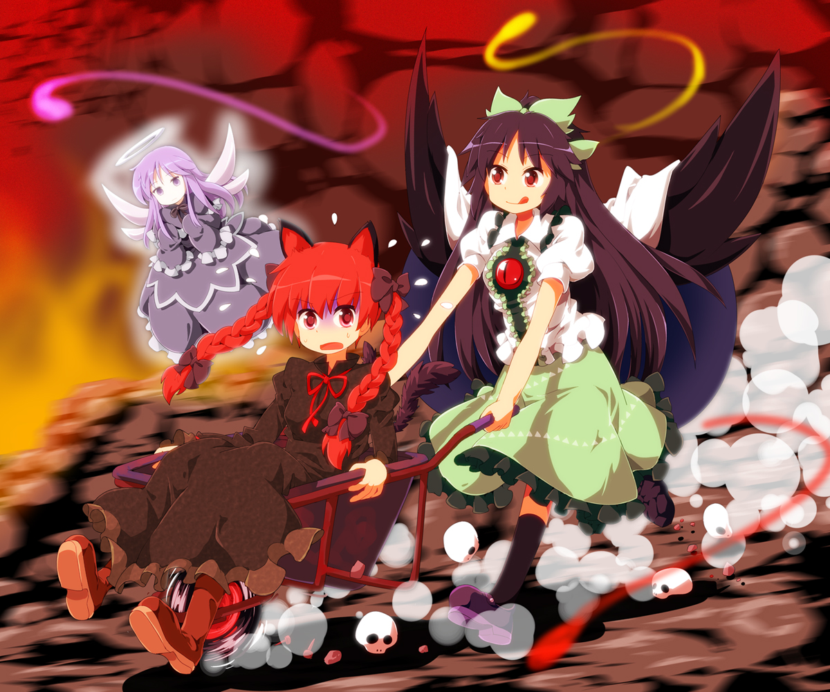 animal_ears, black_hair, catgirl, kaenbyou_rin, long_hair, red_eyes, red_hair, reiuji_utsuho