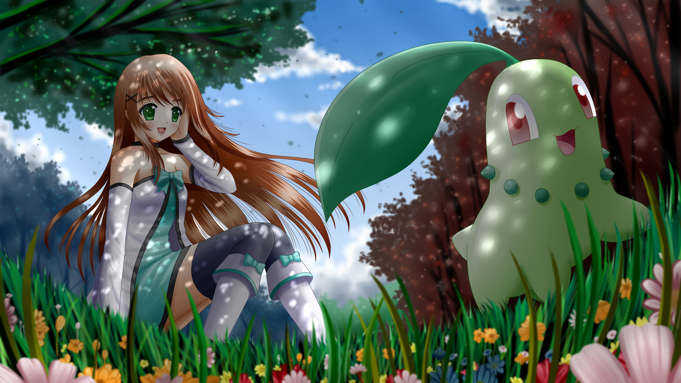 bow, brown_hair, chikorita, flowers, grass, green_eyes, ilolamai, pokemon