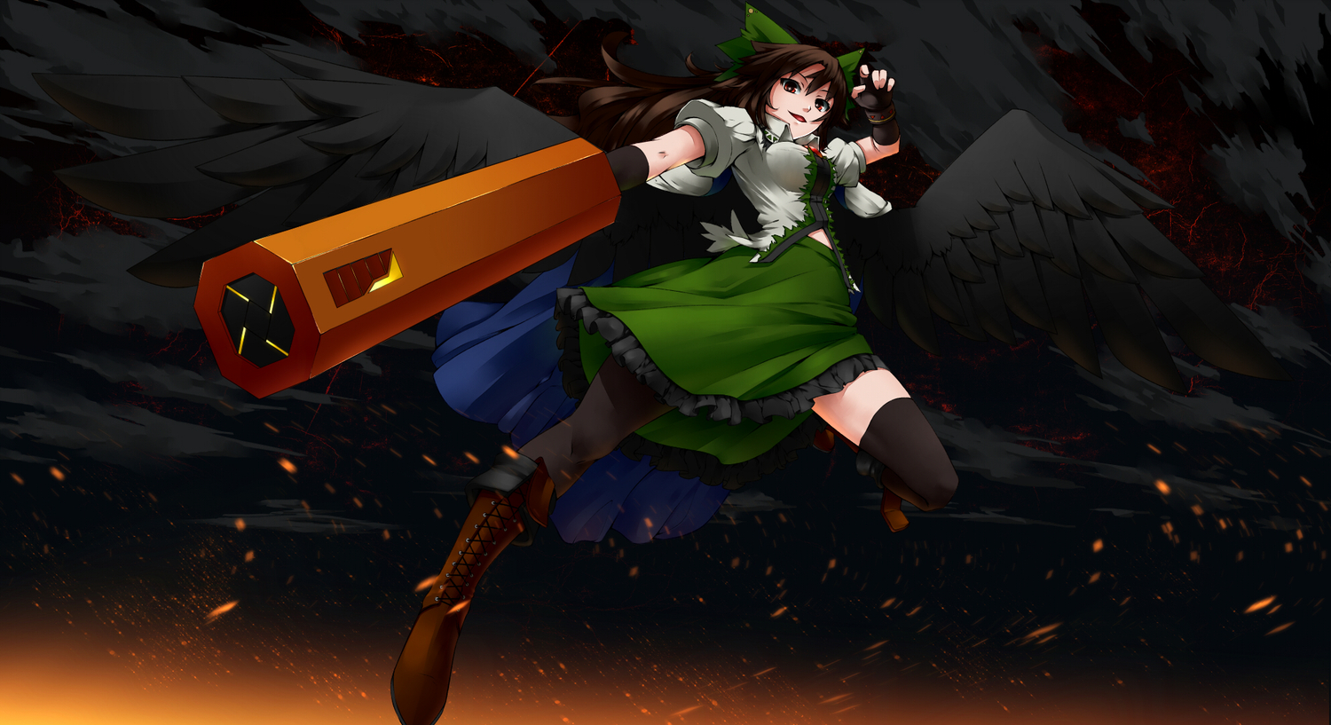 boots, hullzion, long_hair, reiuji_utsuho, skirt, thighhighs, touhou, wings