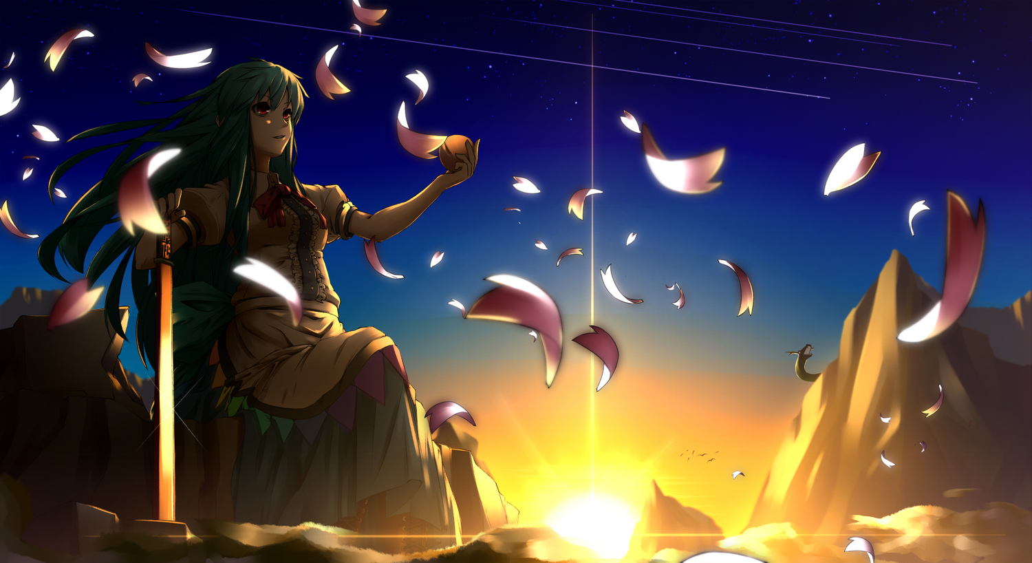 blue_hair, dress, hinanawi_tenshi, hullzion, long_hair, petals, red_eyes, sky, stars, sword, touhou, weapon