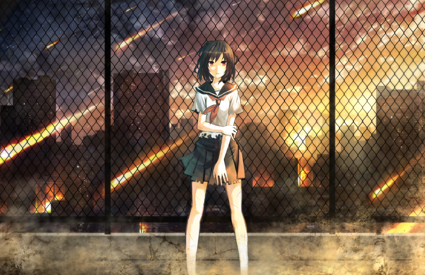 black_hair, building, city, clouds, fire, original, red_eyes, school_uniform