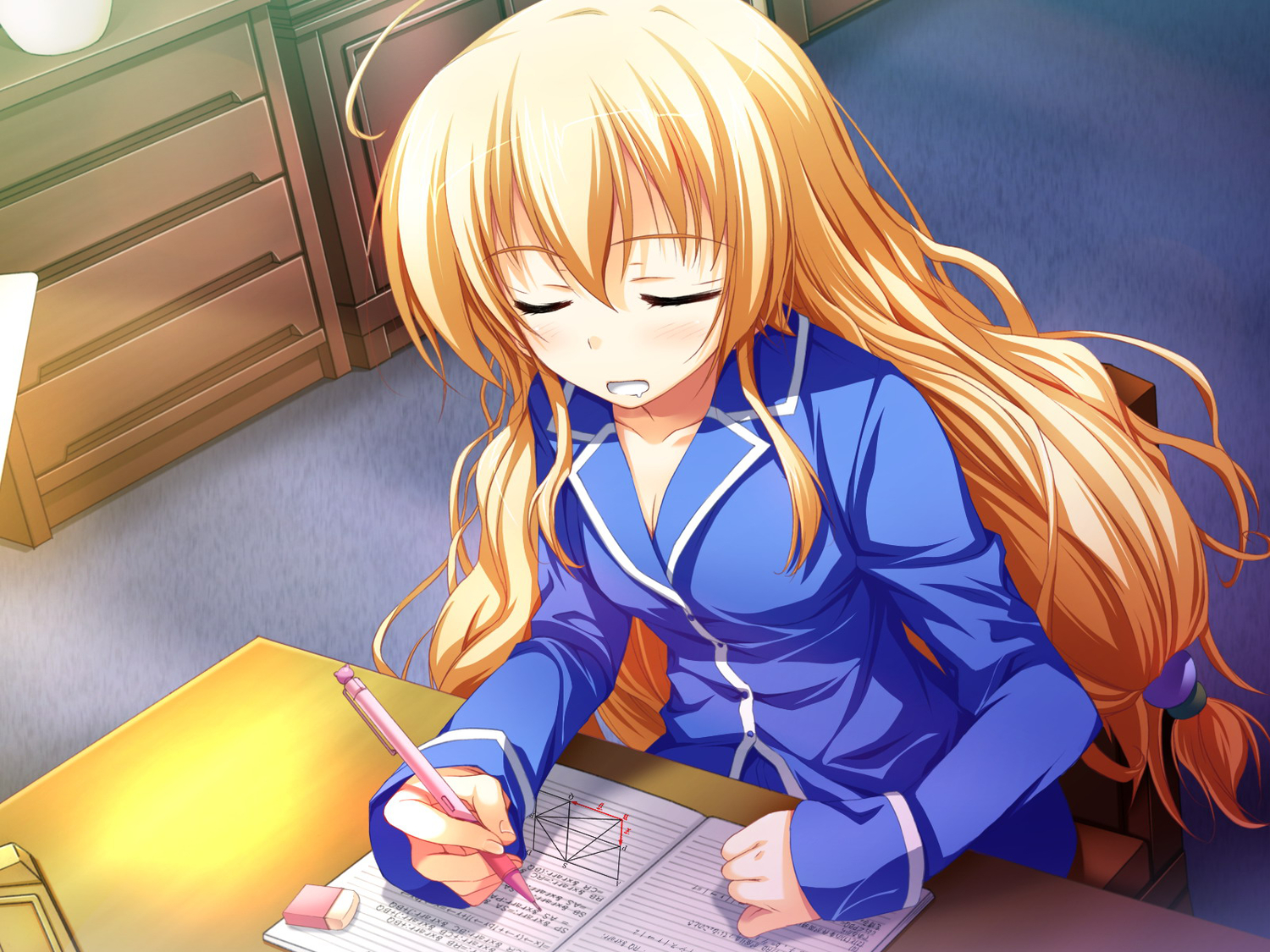 akatsuki_no_goei, blonde_hair, blue_eyes, bow, breasts, cleavage, game_cg, kurayashiki_tae