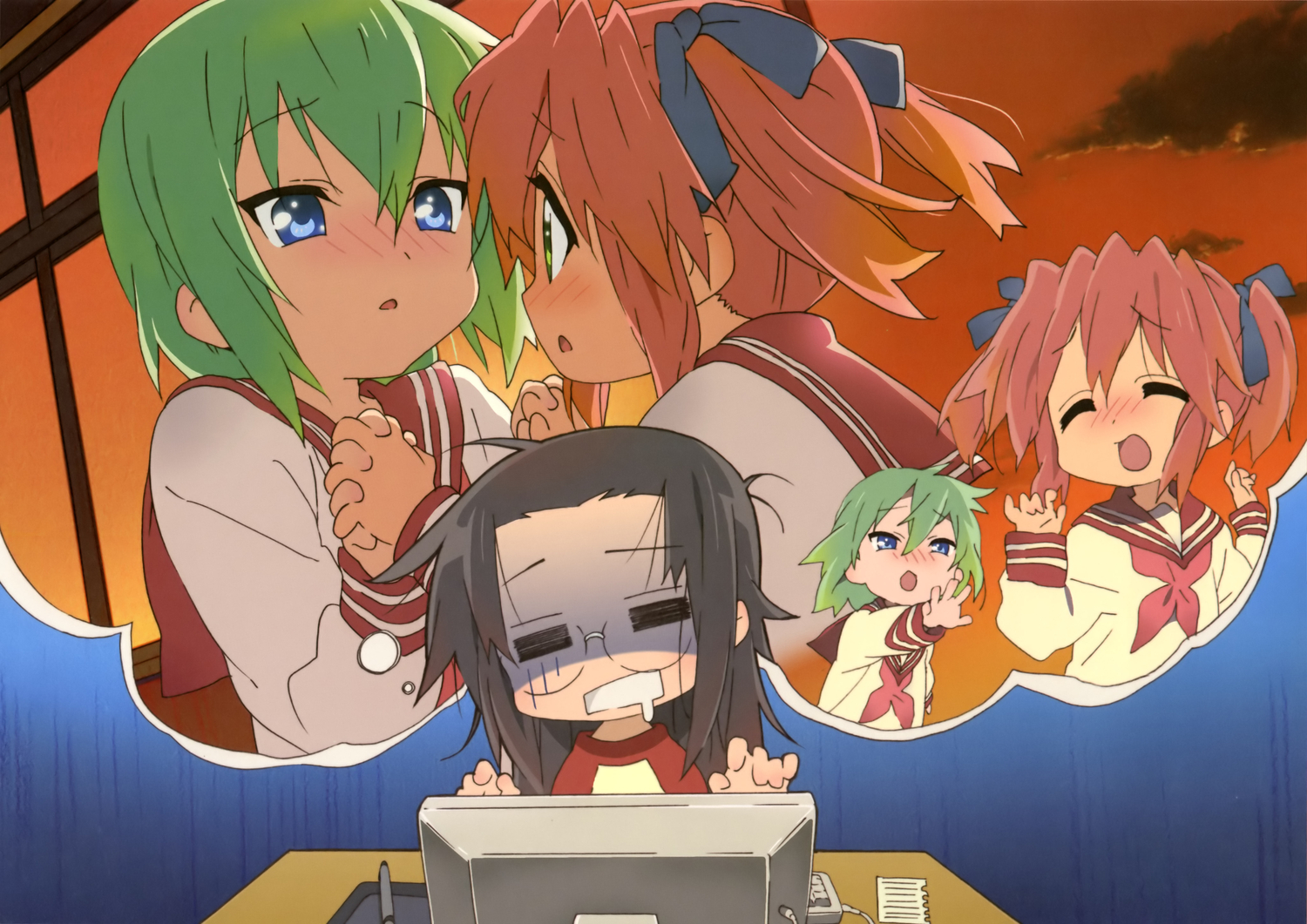 black_hair, blue_eyes, blush, green_eyes, green_hair, iwasaki_minami, kobayakawa_yutaka, long_hair