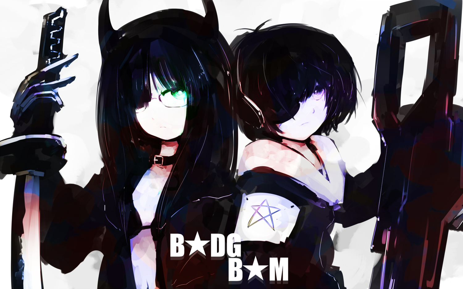 bikini_top, black_devil_girl, black_hair, black_matagi, black_rock_shooter, glasses, green_eyes, horns