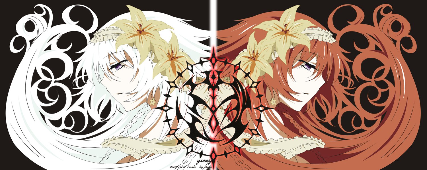 2girls, alice_(pandora_hearts), black, brown_hair, dualscreen, long_hair, pandora_hearts, vector, watermark, white_hair, will_of_the_abyss