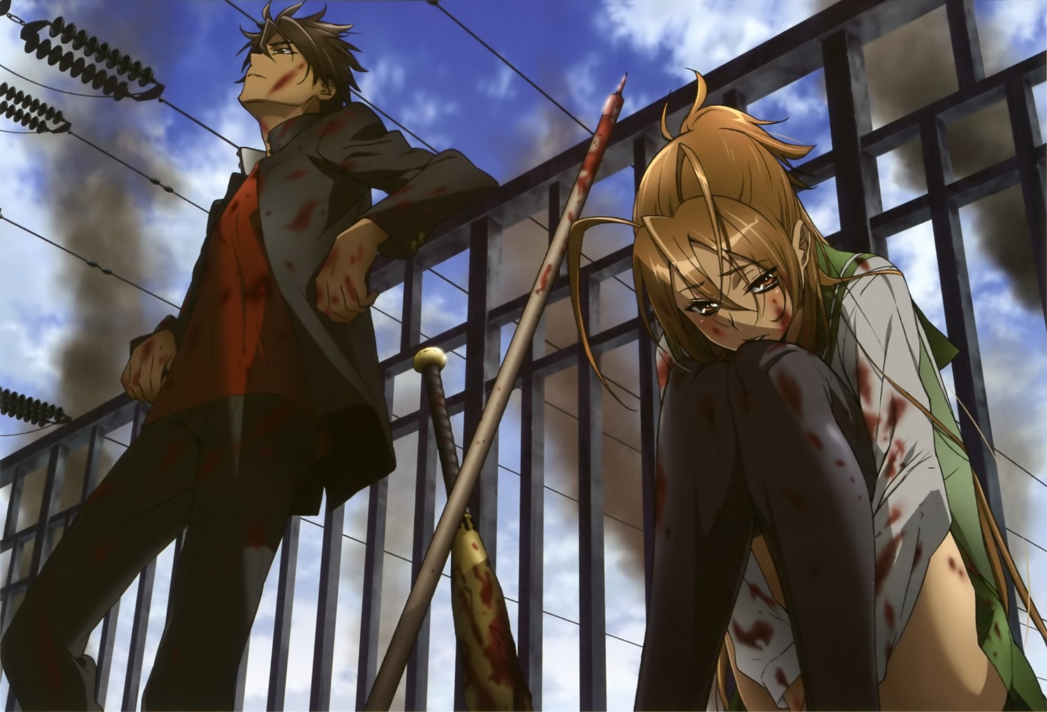 blood, brown_hair, highschool_of_the_dead, komuro_takashi, long_hair, miyamoto_rei, school_uniform, skirt