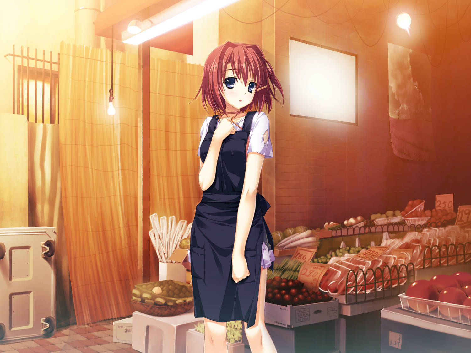 akabeisoft2, apron, blue_eyes, food, game_cg, kourin_no_machi_lavender_no_shoujo, red_hair, short_hair, suzuki_haruka, yuuki_hagure