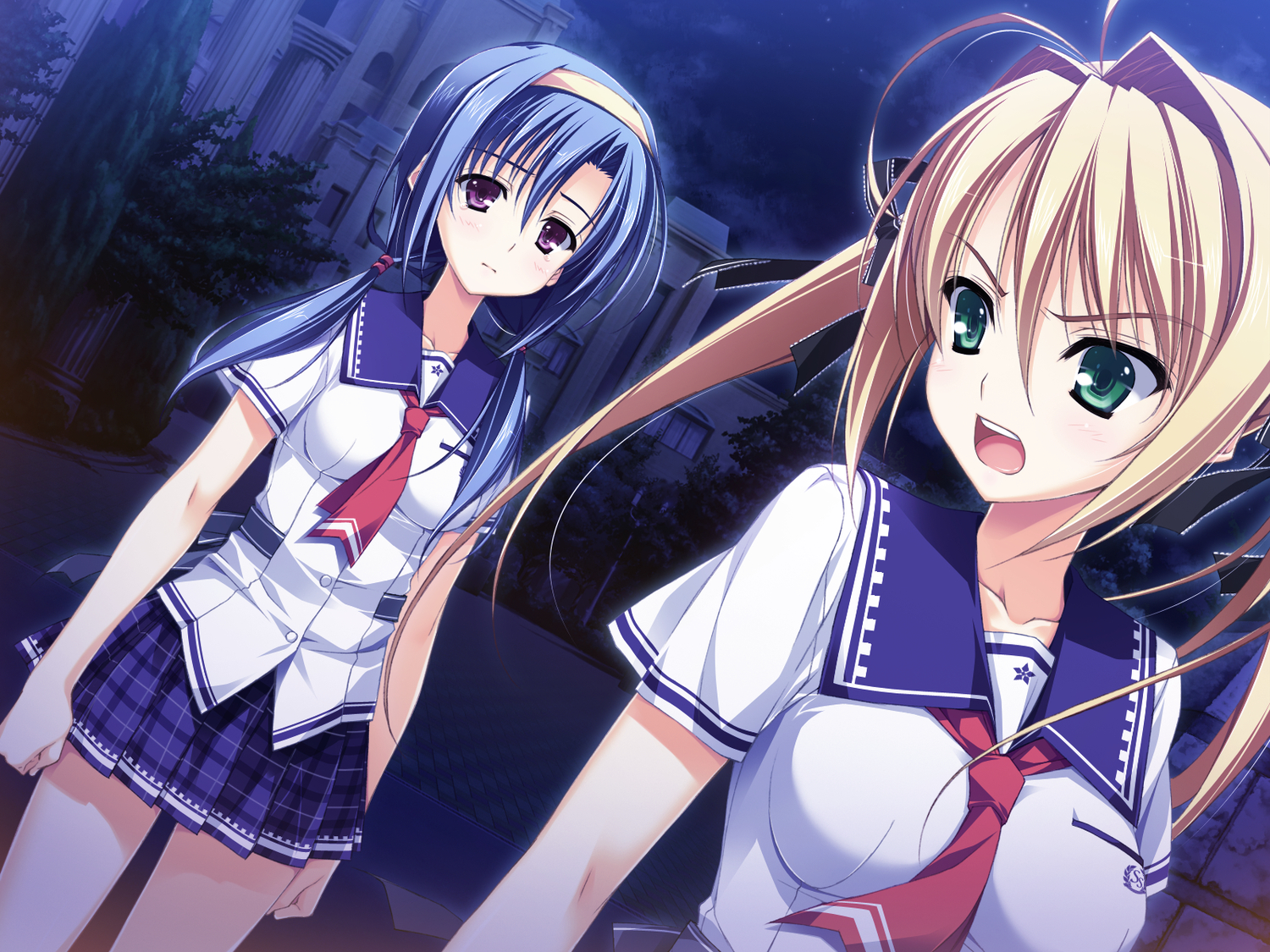 2girls, akabeisoft2, blonde_hair, blue_hair, game_cg, green_eyes, headband, kamiyama_reika