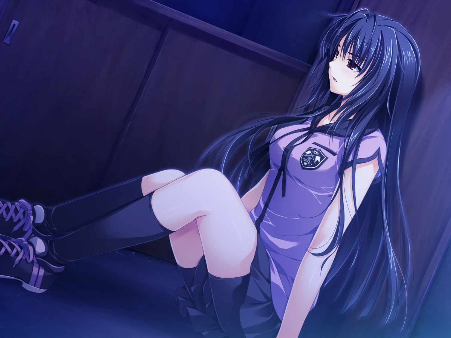 akabeisoft2, alpha_(alpha91), bike_shorts, black_hair, brown_eyes, game_cg, kneehighs, kourin_no_machi_lavender_no_shoujo