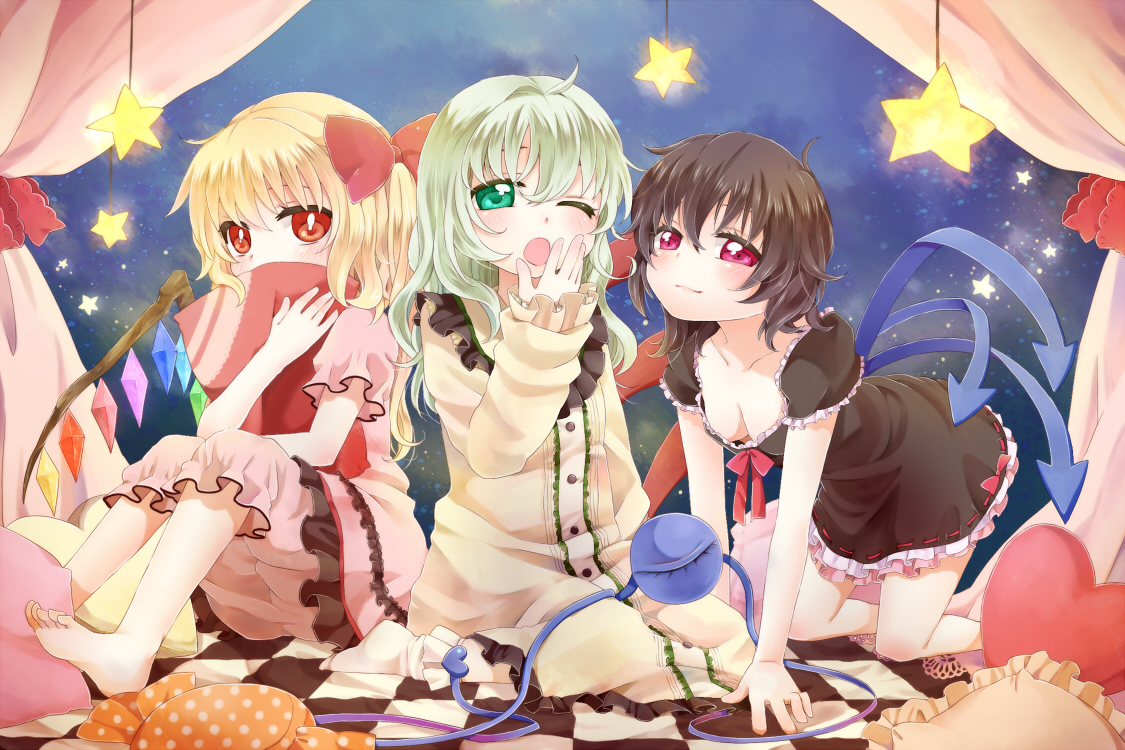 blonde_hair, blush, brown_hair, chikamichi_(ssssgirl), flandre_scarlet, green_eyes, green_hair, houjuu_nue, komeiji_koishi, long_hair, pajamas, short_hair, touhou, vampire