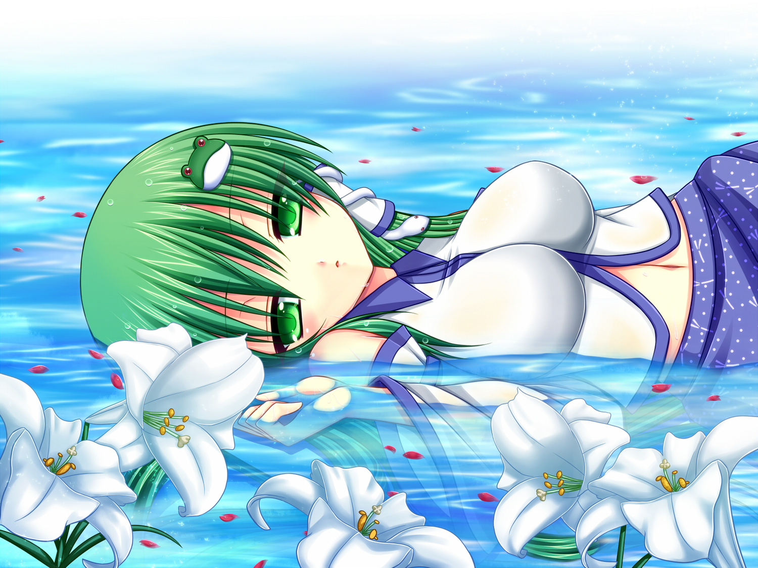 asazuki_kanai, breasts, green_eyes, green_hair, japanese_clothes, kochiya_sanae, miko, tagme, touhou, water, wet