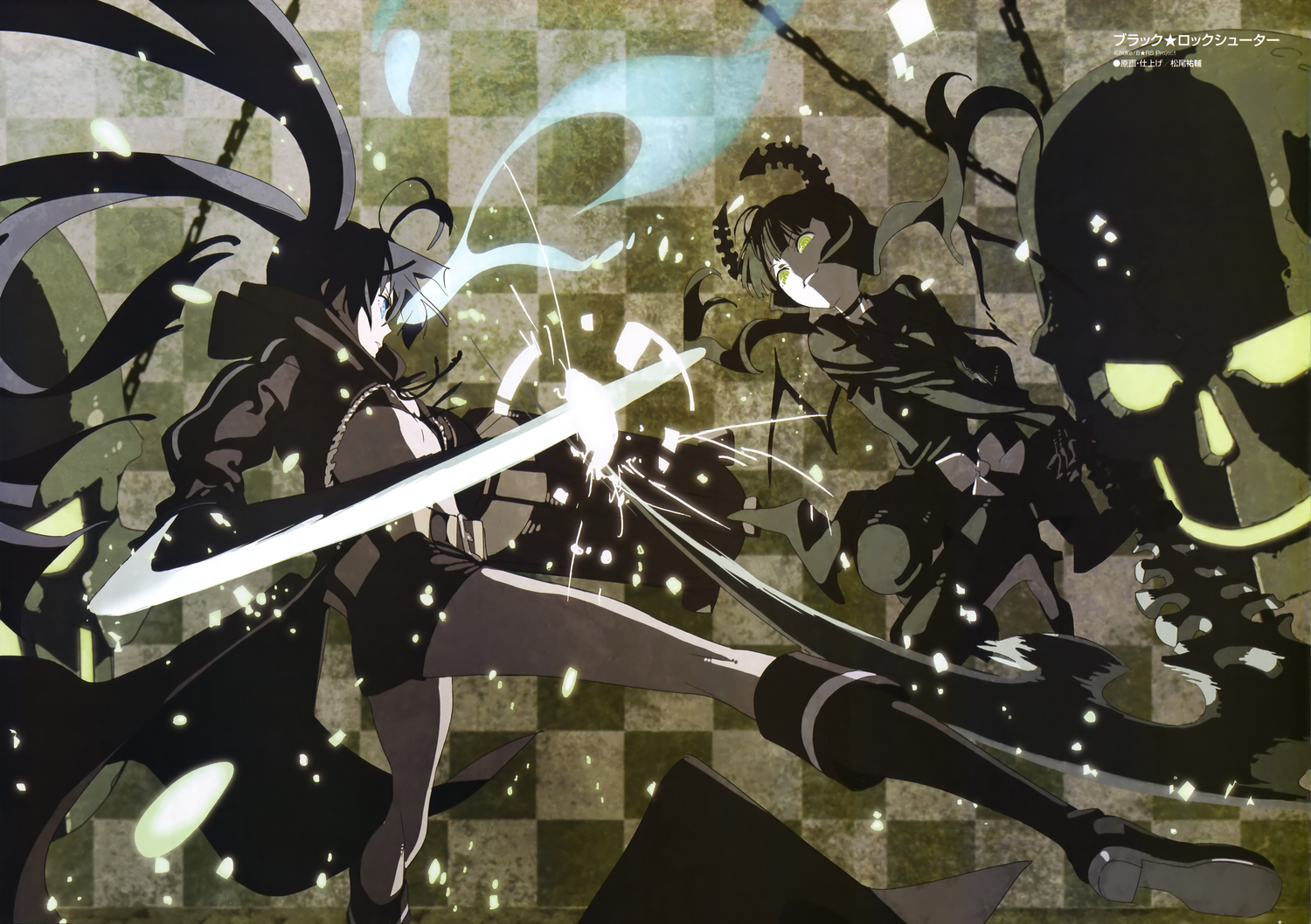 black_hair, black_rock_shooter, blue_eyes, green_eyes, gun, horns, kuroi_mato, long_hair, matsuo_yuusuke, scythe, skull, sword, takanashi_yomi, weapon