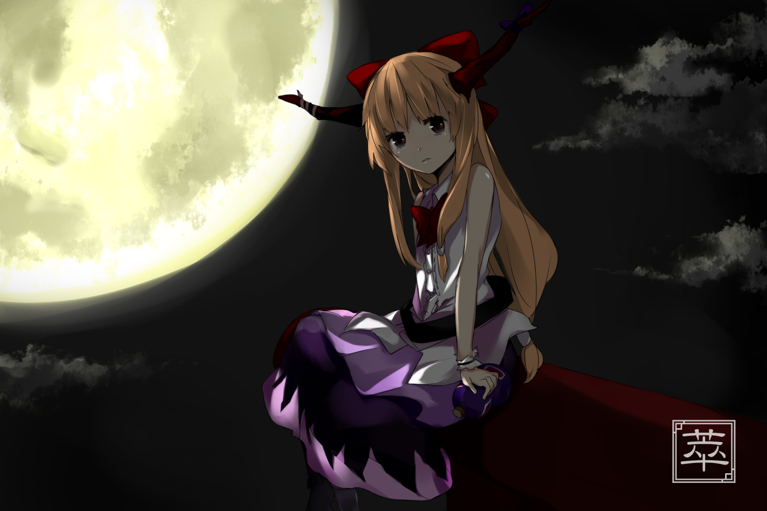 benetto_(benet), blonde_hair, horns, ibuki_suika, moon, tears, touhou