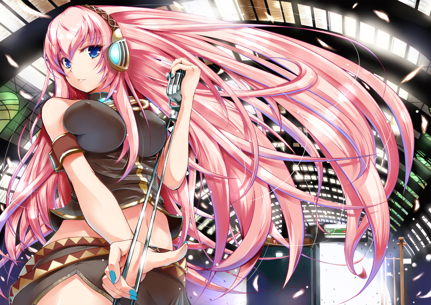 erect_nipples, headphones, megurine_luka, microphone, petals, pink_hair, vocaloid, yuki_mizore