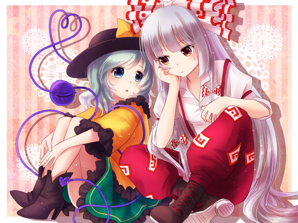 boots, bow, fujiwara_no_mokou, hat, komeiji_koishi, nunucco, touhou