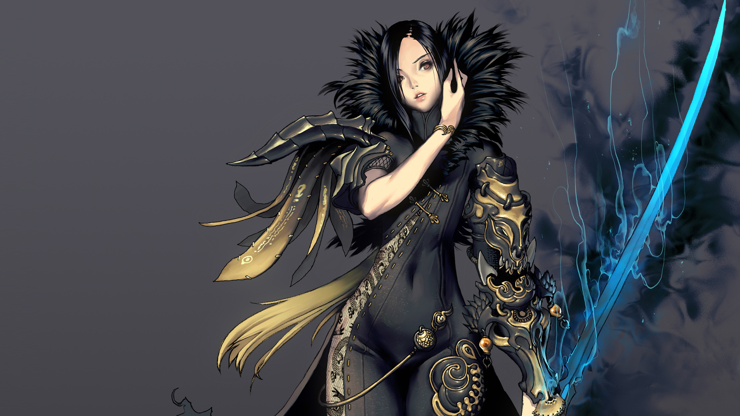 armor, black_hair, blade_&_soul, chinese_clothes, chinese_dress, dress, gray, jin_varrel, orange_eyes, sword, weapon, wristwear
