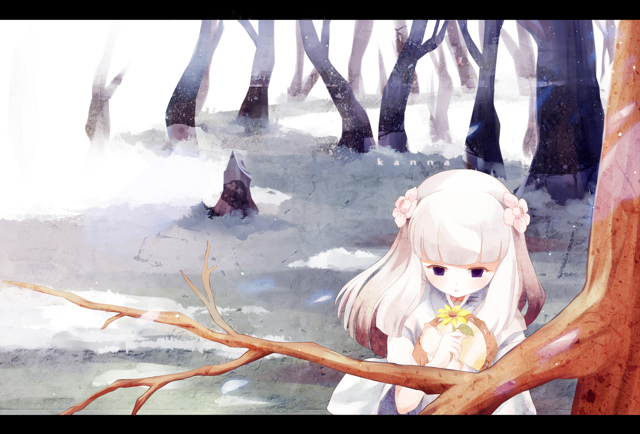 flowers, inuyasha, kanna_(inuyasha), purple_eyes, saik, snow, tree, white_hair, winter