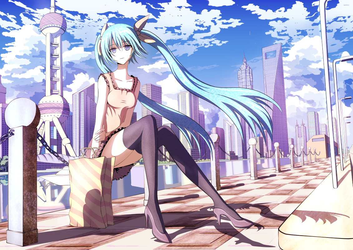 aqua_eyes, aqua_hair, building, city, clouds, dress, hatsune_miku, langjiao, long_hair, sky, thighhighs, twintails, vocaloid, water