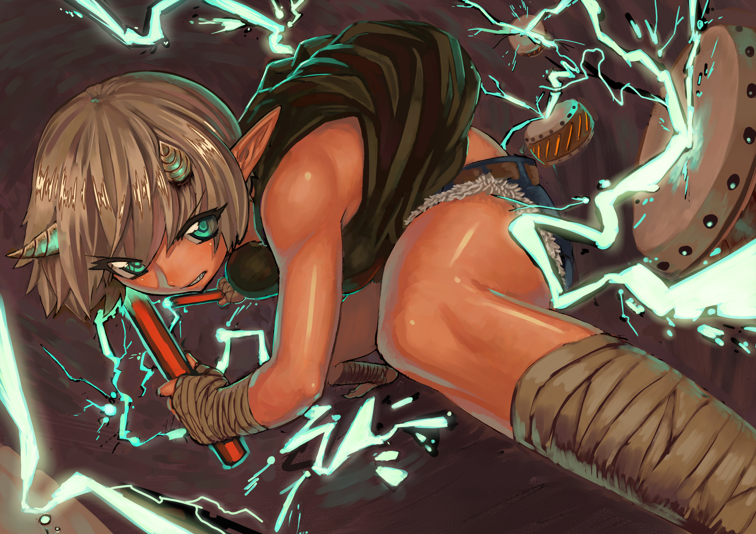 blue_eyes, demon, horns, instrument, original, pointed_ears, sagano_yuuji
