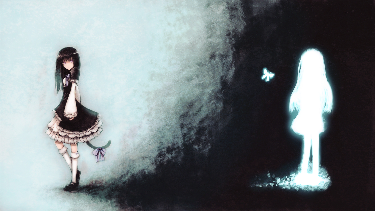 black_hair, blackball, butterfly, dress, frederica_bernkastel, purple_eyes, ribbons, silhouette, tail, umineko_no_naku_koro_ni
