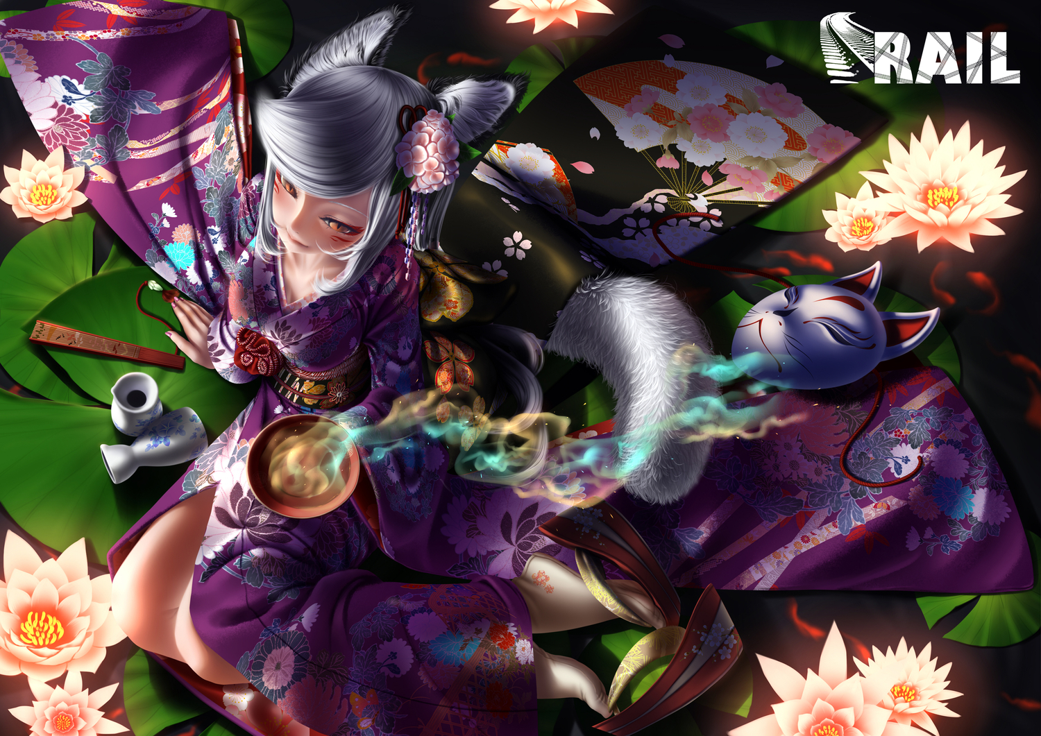 animal_ears, foxgirl, japanese_clothes, kimono, original, rail_(silverbow), watermark