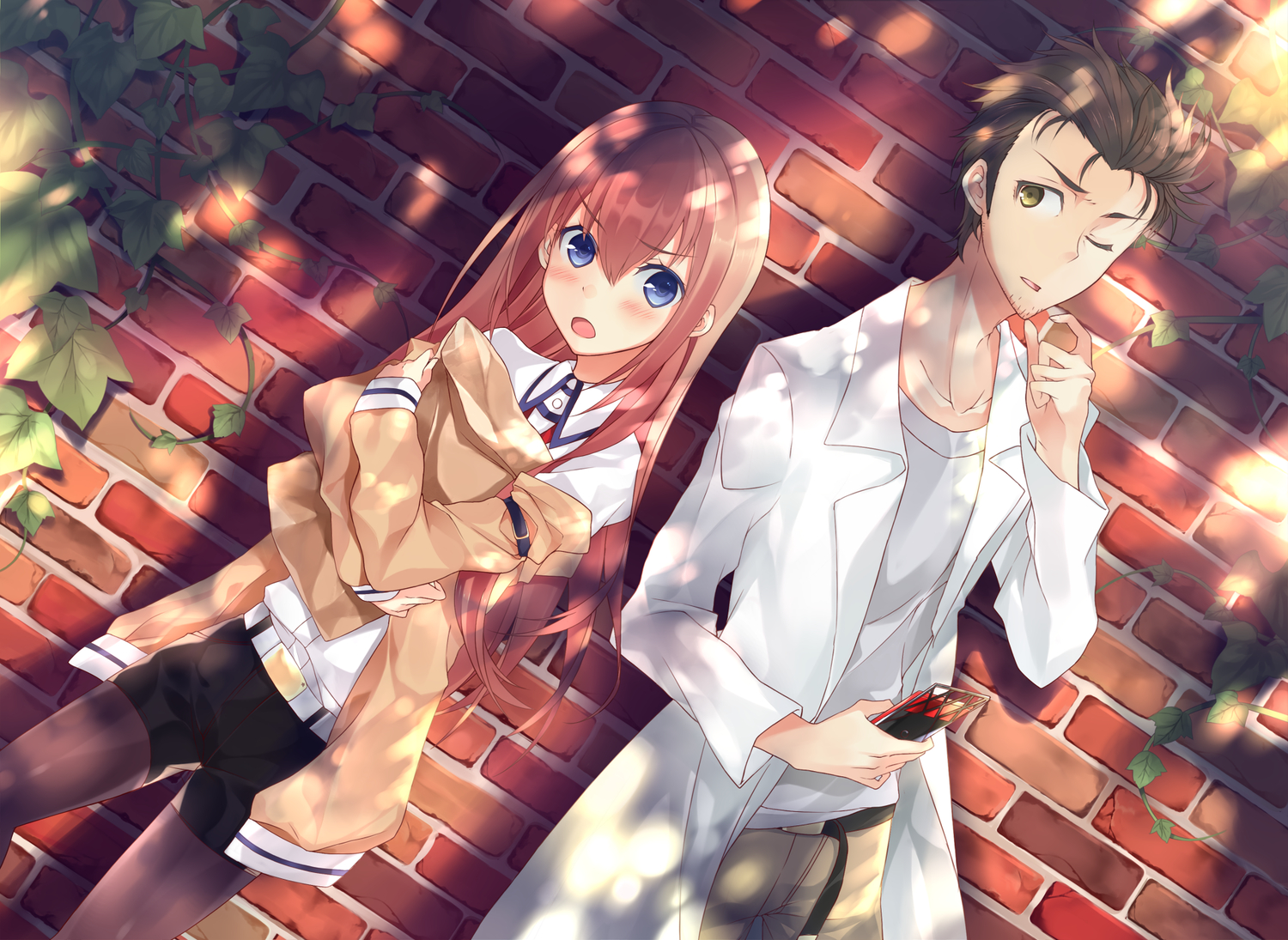 blue_eyes, blush, brown_hair, kureaki_(exit), long_hair, makise_kurisu, okabe_rintarou, pantyhose