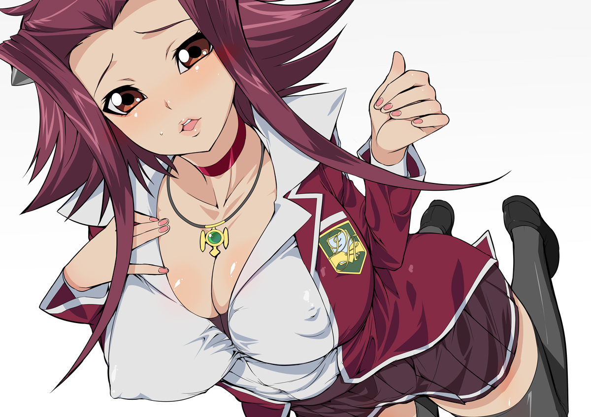 breasts, cleavage, erect_nipples, izayoi_aki, kusaka_souji, necklace, red_hair, school_uniform, thighhighs, white, yu-gi-oh_5d's