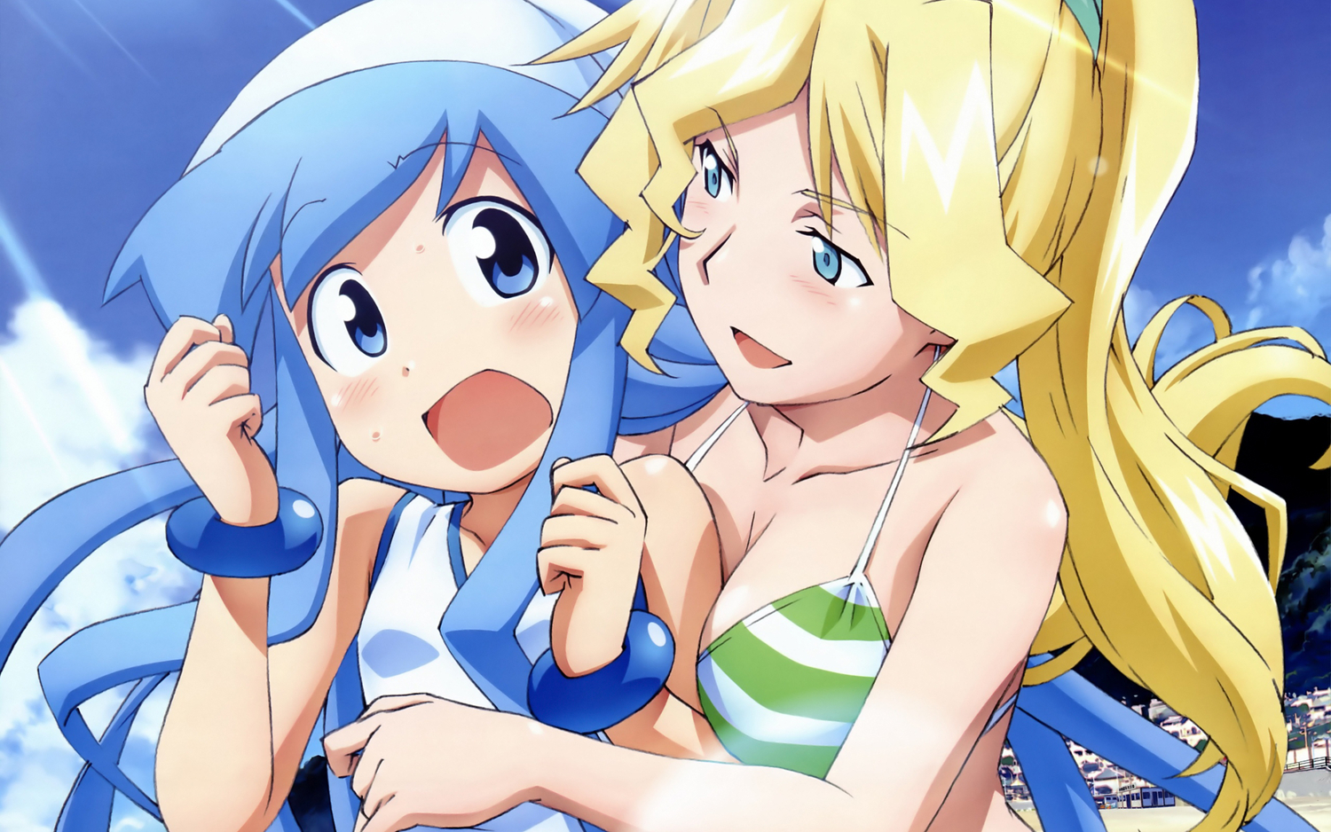 breasts, cindy_campbell, cleavage, hug, ikamusume, loli, shinryaku!_ikamusume