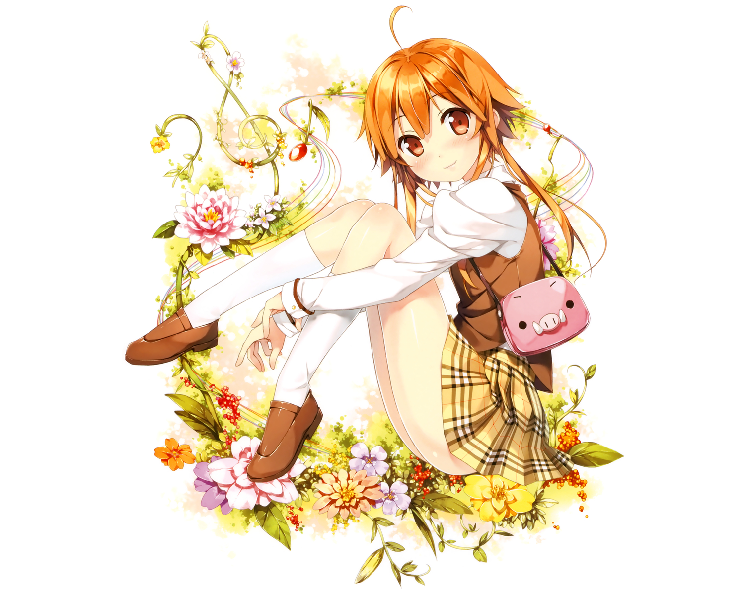 brown_eyes, flowers, kantoku, kogamura_uril, scan, school_uniform, shinkyoku_soukai_polyphonica, shinkyoku_soukai_polyphonica_aphonic_songbird, white