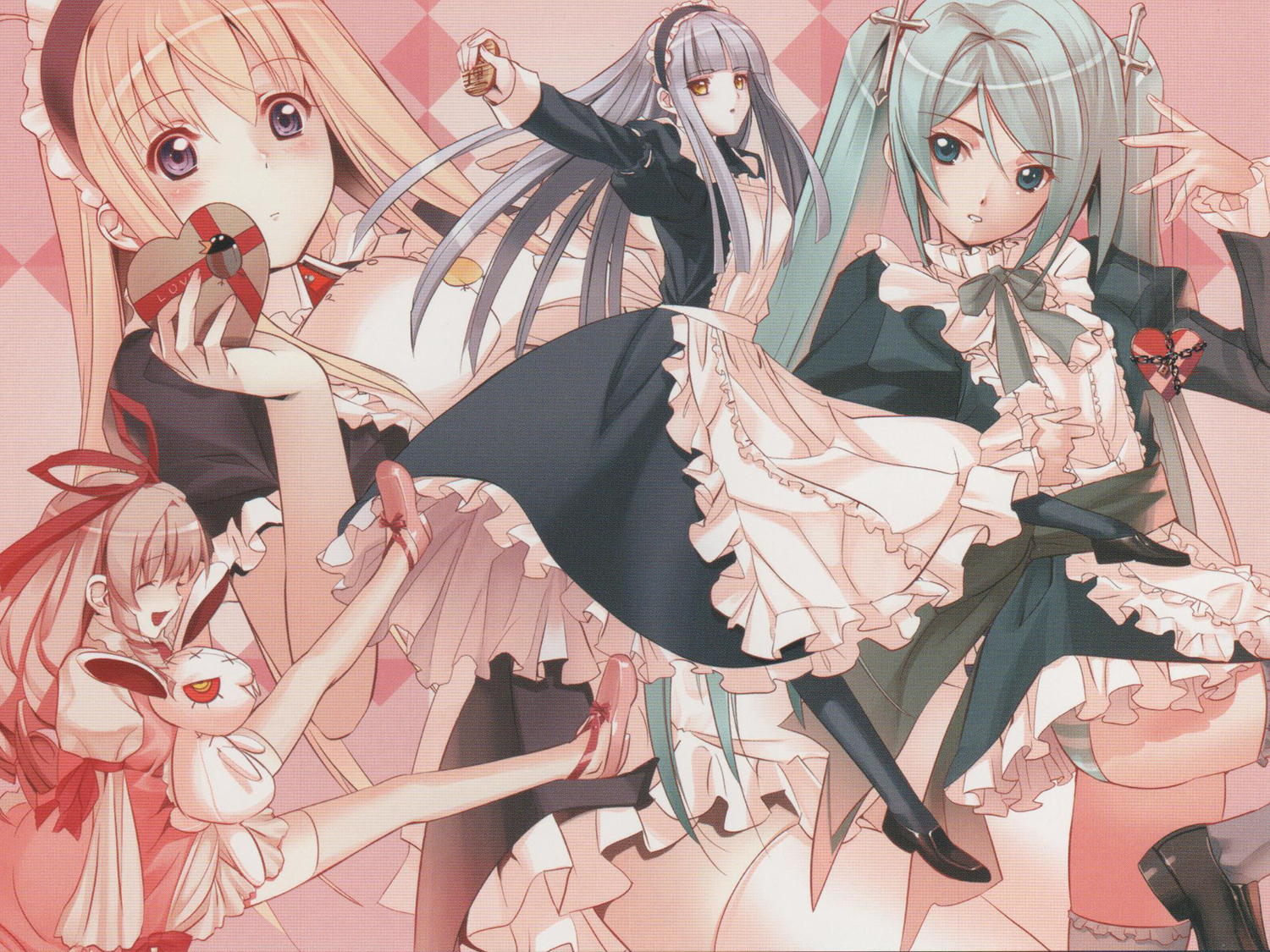 anna, blonde_hair, blush, carnevale_della_luce_della_luna, gray_hair, green_hair, iris, long_hair, lunaria, maid, perla, pink_hair, twintails, valentine