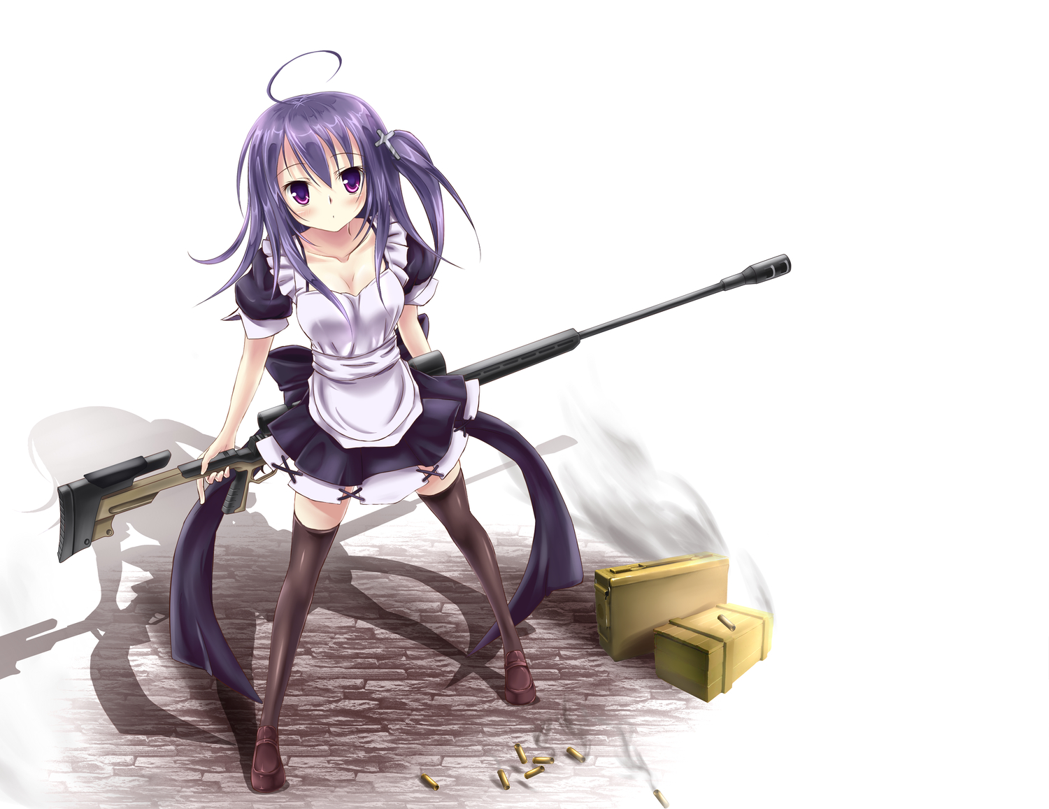 dress, gun, maid, murasaki_shitsu, original, purple_eyes, purple_hair, weapon