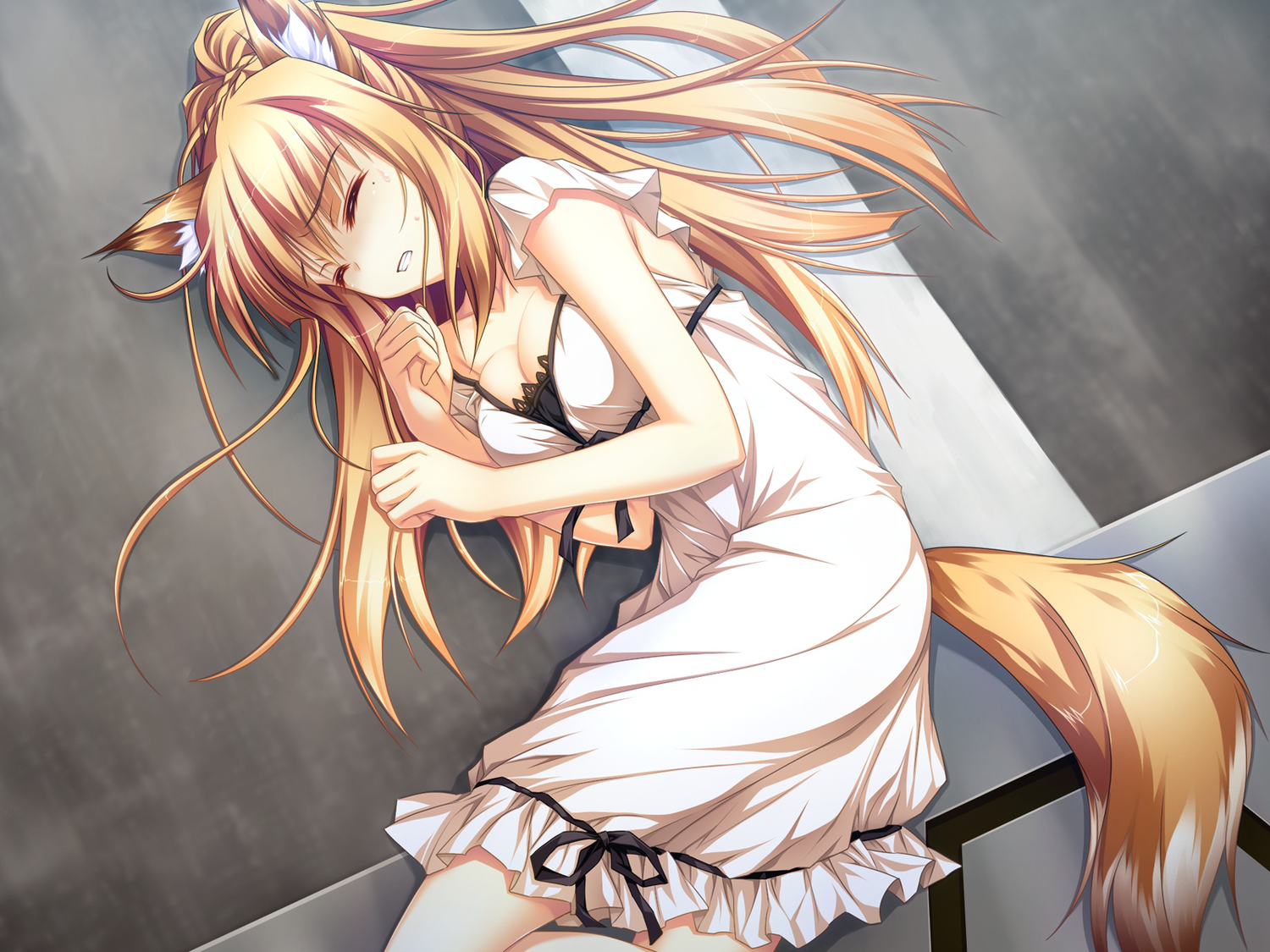animal_ears, breasts, brown_hair, cleavage, dress, foxgirl, game_cg, miyama_kon
