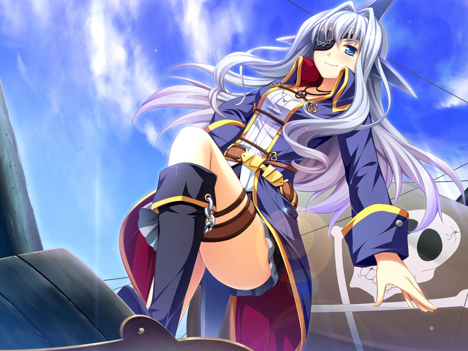 animal_ears, blue_eyes, eyepatch, game_cg, long_hair, necklace, otomimi_infinity, sky, tail, tomajiri_sango, white_hair, yasaka_minato