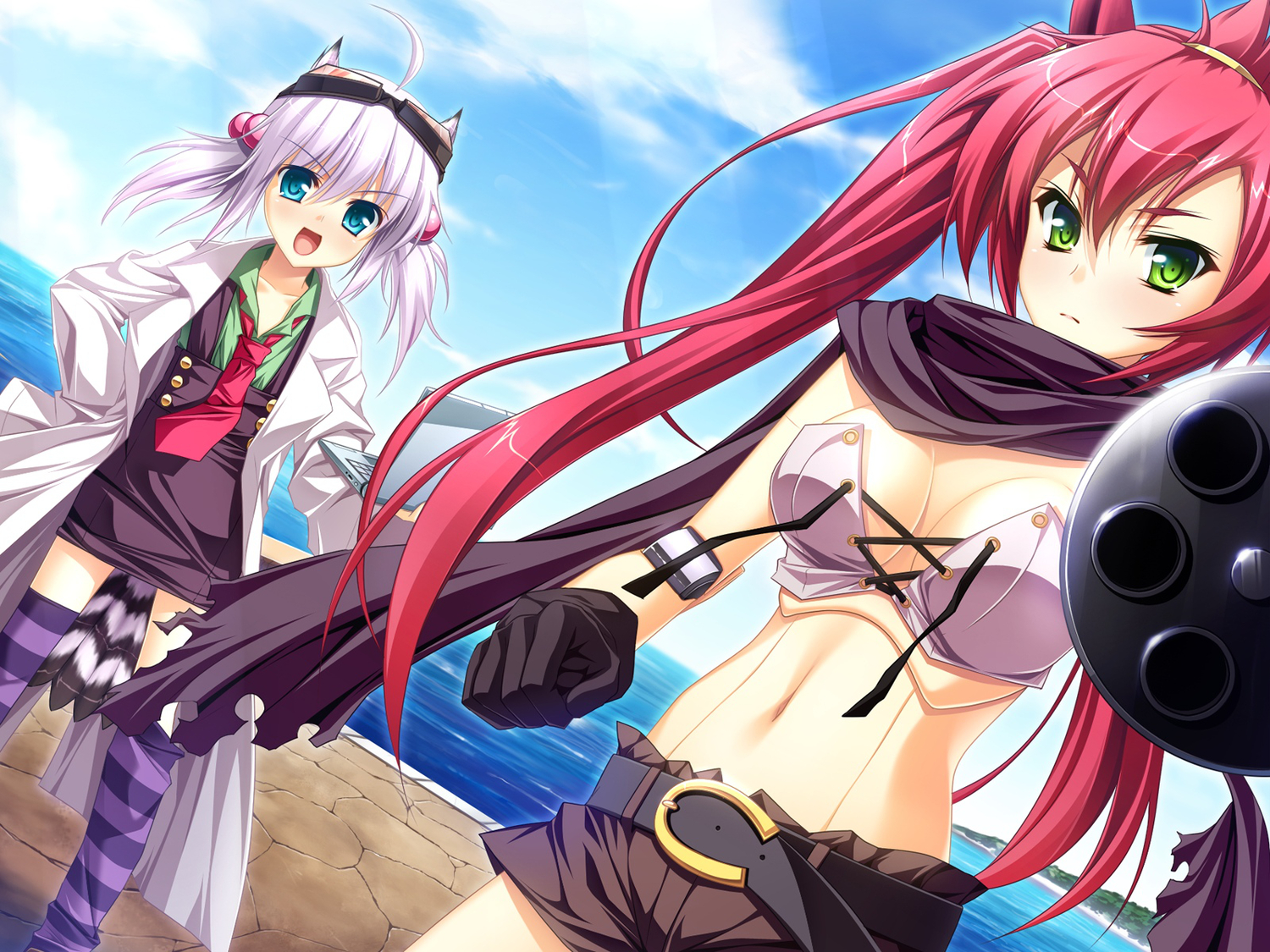 2girls, animal_ears, aqua_eyes, dr.foresuto, game_cg, goggles, green_eyes, gun