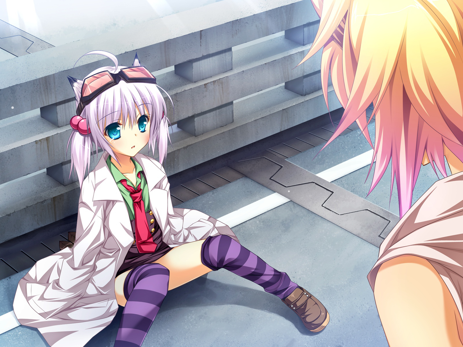 2girls, animal_ears, aqua_eyes, blonde_hair, byoubu_tetora, dr.foresuto, game_cg, goggles