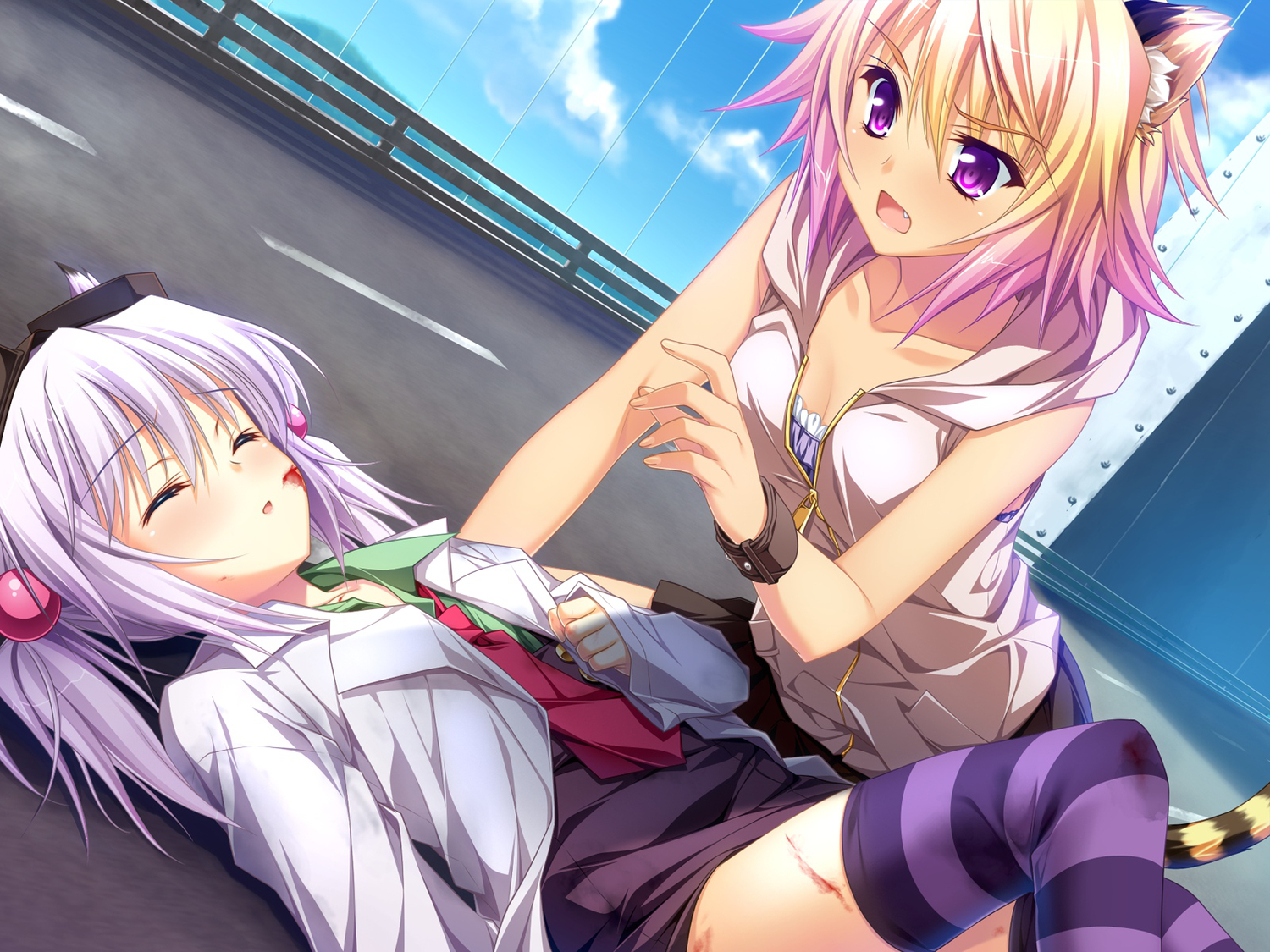 2girls, animal_ears, blonde_hair, blood, breasts, byoubu_tetora, cleavage, dr.foresuto