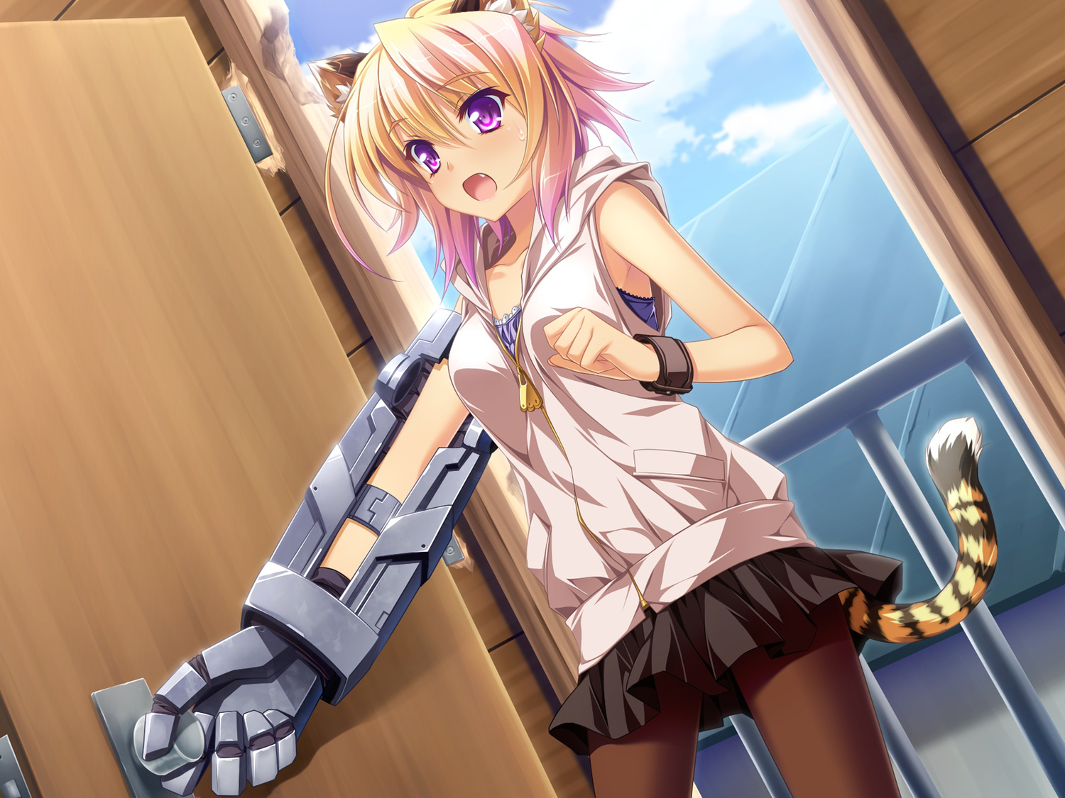 animal_ears, blonde_hair, byoubu_tetora, game_cg, hood, otomimi_infinity, pantyhose, purple_eyes