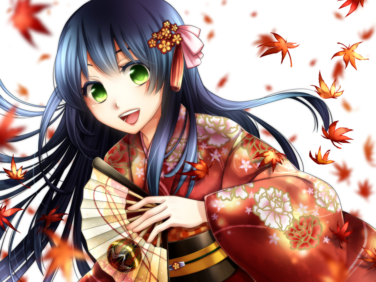 black_hair, blush, frogmakina, green_eyes, japanese_clothes, kimono, long_hair, original, petals