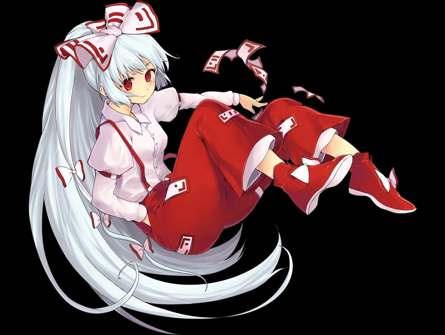aki_(mare_desiderii), bow, fujiwara_no_mokou, gray_hair, long_hair, red_eyes, touhou, transparent
